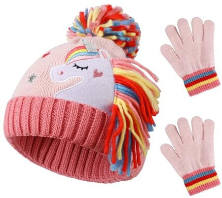 QKURT Kid’s Stretchy Beanie Hat Mittens Set, Toddler Winter knitted Cap with Pom Pom Thermal Gloves Set 2 in 1 Unicorn Cold Weather Accessories for Girls