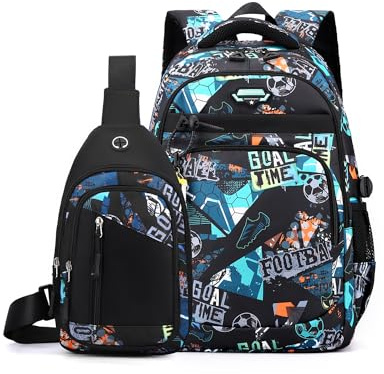Tanou Schulrucksack Jungen Teenager Set, Große Lässiger Schultasche für Junge 5-12. Klasse, Wasserdichter Nylon Daypack Rucksack Jungen für Schule und Reisen, Grüner Fußball