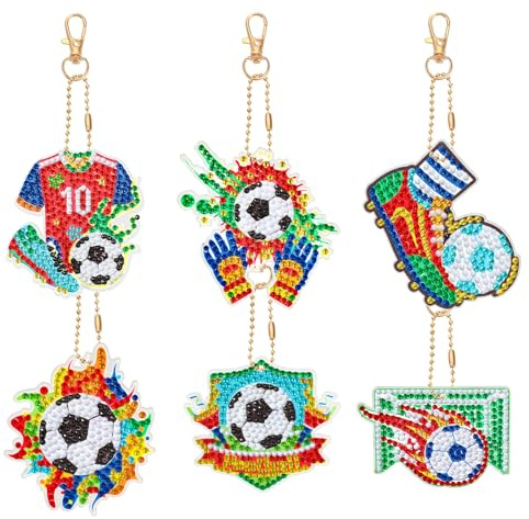JSRQT 5D DIY Fußball Diamant Schlüsselanhänger, 6 Stück Doppelseitige Diamant Pasted Malerei Schlüsselbund Stickerei Keyrings für Erwachsene Kinder, Mosaik Bastel Anhänger für Handtaschen Rucksack