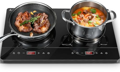 KICHPOWER Doppel Induktionskochplatte, Induktionskochfeld 2 Platten, Unabhängiger Steuerung, 10 Temperaturstufen & Leistungsstufen, 3500W, Touch-Steuerung, 180-Min Timer, Induktionskochplatte Camping