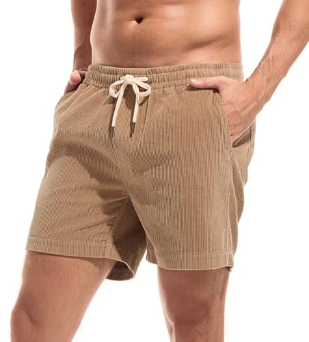 Amy Coulee Mens 5.5 Inch Casual Cotton Corduroy Shorts (Khaki, L)