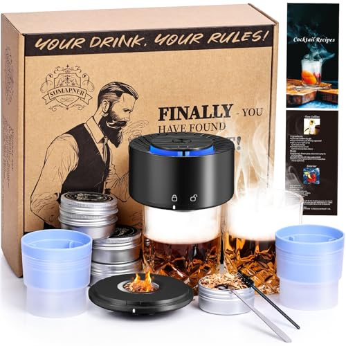 Electric Whiskey Cocktail Smoker Kit With 2 Glasses, 6 Flavors Wood Chips, 2 Ice Ball Molds, Bourbon Old Fashioned Drink Smoker Set, Gifts for Men Dad Husband Father, Built-in Lighter, No Need Butane