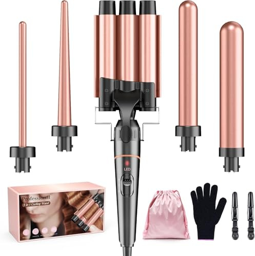 BESTOPE PRO Lockenstab Set 5-in-1 – 3 Keramikfässer für Große Locken & Wellen – Schnelles Aufheizen, 2 Temperaturstufen, Lockenwickler mit Handschuh & 2 Clips, Anti-Frizz, Dual Voltage