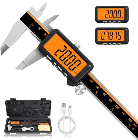 HARDELL Calibro digitale, pinze ricaricabili con grande schermo arancione, funzione LCD antiriflesso e ABS, strumento di misurazione in/mm, micrometro in acciaio inox, spegnimento automatico per fai