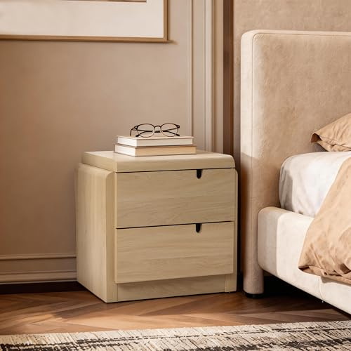 Hometopia Moderner Nachttisch mit 2 Schubladen, beistelltisch klein in Eichenoptik mit abgerundeten Kanten, als Bedside Table oder Beistelltisch für Schlafzimmer und Wohnzimmer, 55 × 40 × 53 cm