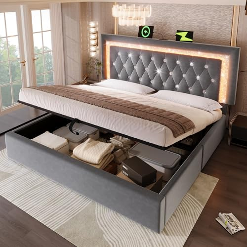 Ojjxh Double Upholstered Bed Frame with LED and USB Type-C Ports, 135x190cm 4ft6 Modern Bed Frame with Adjustable Diamond Tufted Headboard & Hydraulic Storage Space, Velvet, Grey, No Mattress