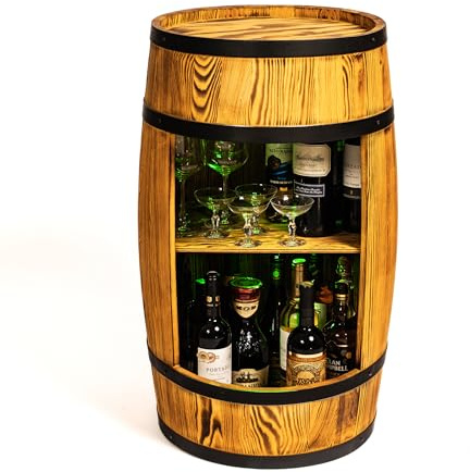 CREATIVE COOPER Botellero de madera con LED RGB – Armario para vinos MiniBar – Armario hombre – Armario de bar – 80 cm de alto – Retro Deko Bar – Barril – Mueble de barril (quemado por el sol)