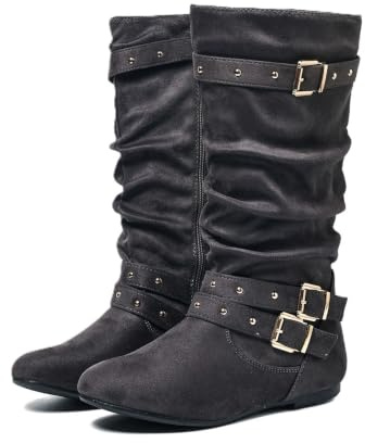 Slouchy rynkade knähöga stövlar för kvinnor platta western cowboy ridstövlar | med spänne nit rem dekor vardagliga höga vinterstövlar för semester fest shopping gatustil födelsedag