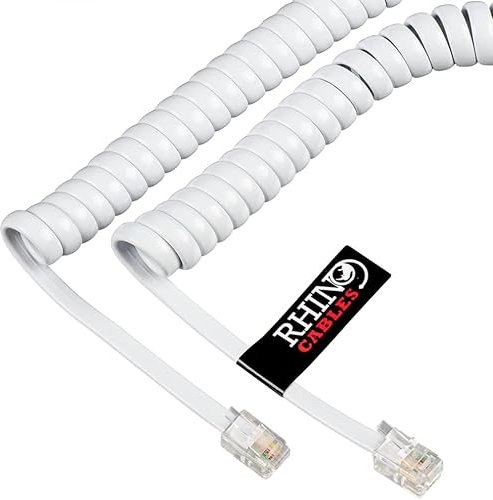 rhinocables RJ10 Coiled White Phone Cable (3m) Anti-Tangle Curly Handset Cord for BT Landline, Fax & Office | 4-Core Full Copper Wire with Gold-Plated 4P4C Connectors | 2m, 3m & 5m Options (1 Pack)