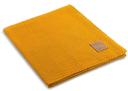 KNIT FACTORY - Jesse Gestrickte Decke - Wohndecke - Kuscheldecke - Gestrickte Sofadecke - Plaid aus Wolle - Wolldecke - Ocker - 160x130 cm