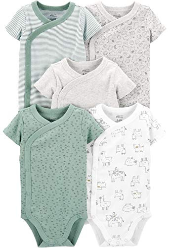 Simple Joys by Carter's Baby 5-Pack Short-Sleeve Bodysuit, Green/Grey Forest Animals/Light Grey Heather/Mint Green Stripe/White Llama, Newborn