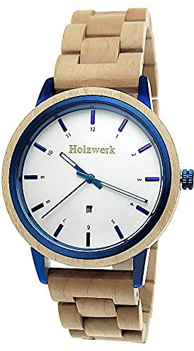 Holzwerk Germany Handgefertigte Designer Unisex Damen-Uhr Herren-Uhr Öko Natur Holz-Uhr Armband-Uhr Analog Klassisch Quarz-Uhr Braun Ahorn Blau Weiß