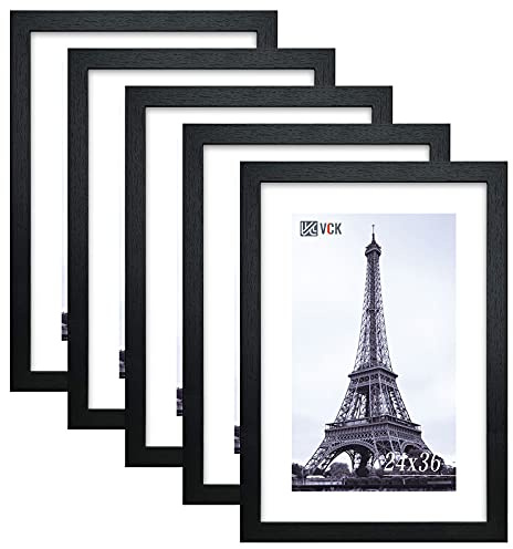 VCK 24 x 36 Inch Black Poster Frame Wood with Plexiglass Hanging Hardware Large Picture Frame for Poster Artwork Certificate Included 5 Pack
