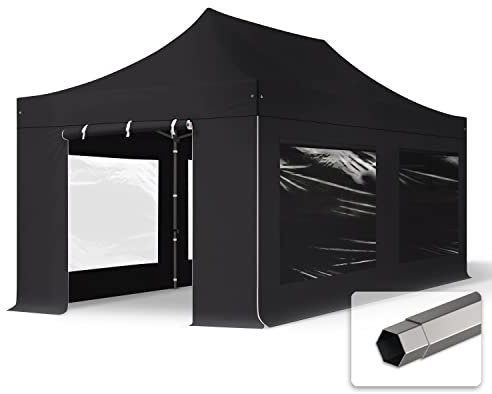 TOOLPORT Faltzelt Faltpavillon Pavillon 3x6m - mit 4 Seitenteilen (Panoramafenster) Premium Dach Partyzelt schwer entflammbar schwarz