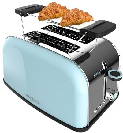 Cecotec Grille-pain vertical Toastin' time 850 Blue, 850 W de puissance, Double fente courte et fente large de 3,8 cm, Varillas Superiores, Acier inoxydable, Arrêt et Popup automatiques, Bac à miettes