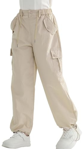 Rolanko Ragazze Pantaloni Larghi da Paracadutista, Joggers Vintage Y2K con Elastico in Vita Regolabile per Bambini, Beige, Taglia: 150