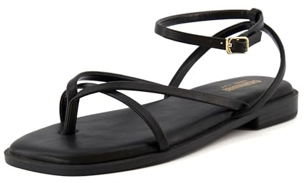 CUSHIONAIRE Vida Strappy Flat Thong Sandals For Women 2025 With Memory Foam And Adjustable Ankle Strap-Casual Beach Womens Sandals, Black 11W