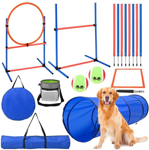 Doovasen Agility Ausrüstungs Set für Hunde Agility Set mit 170CM Hundetunnel, Hindernisse mit Hundetunnel, 8 Slalomstangen, Verstellbare Höhe, Perfekt für den Park, Garten & Asphalt