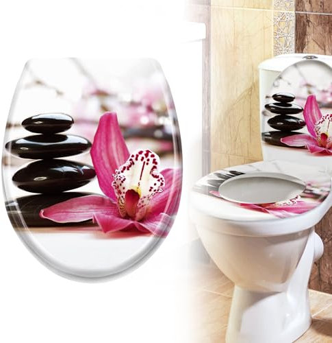Froadp Toilettendeckel Klodeckel mit Absenkautomatik WC Sitz Toilettensitz aus Duroplast und Edelstahl Antibakteriell Toilettenbrille für Alle Handelsüblichen WC-Becken (Rote Blumen und Steinkunst)