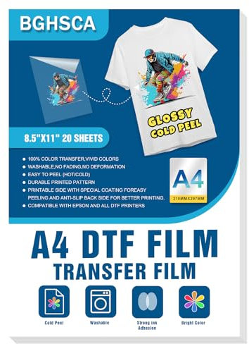 BGHSCA DTF Transferfolie Papier A4 (21cm x 29.7cm) 20 Blätter Glossy Doppelseitige Klare Vorbehandlungsblätter PET Heat Transfer Papier Direct to Transfer Film für Tshirt