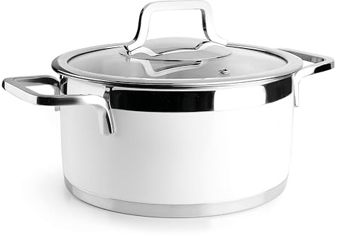 Lacor 15420 - Buffékastrull med vitt lock, 18/10 rostfritt stål, innerfinish, ergonomiska handtag, termisk botten smörgås, lämplig för induktion, ugnssäker, Ø20 cm, vit