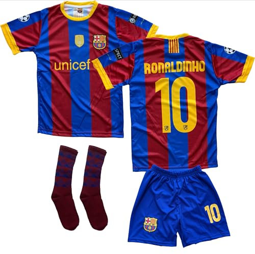 IHIMI Ronaldinho #10 Ensemble maillot nostalgie pour enfant - Barca Rétro - Tenue de football avec maillot, short et chaussettes - Compatible avec les fans de 10 - Tailles 128 à 176