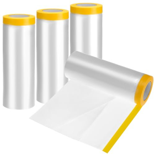 QWORK® 4 Rollen Kunststoff-Staubschutzfolie, 2,4 m x 20 m, Abdeckfolie mit selbstklebendem Klebeband, Maler Abdeckfolie, für Streichen, Dekorieren, Möbelbedecken