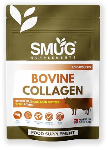 Bovine Collagen British Made by SMUG Supplements - 90 Capsules - Type 1 Peptides - 1200mg Daily Serving of Collagen Powder in Three-a-Day Capsules - 30 Day Supply - Suitable for Both Men and Women