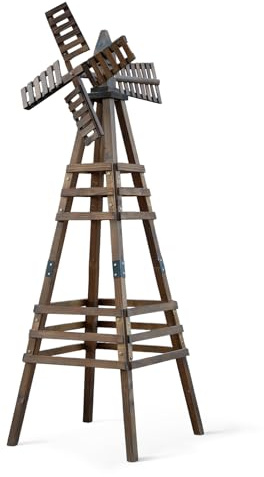 Kshioe Wooden Windmill, Weather-Proof Wind Spinner, Outdoor Wind Mill for Garden Lawn Patio Decoration (Carbonized, Medium)