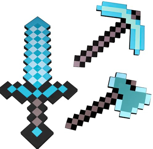 Dhqkqg Pickaxe and Sword Axe Toys, 3 Pack Foam Sword Pickaxe and Axe, Kids Role-Play Battle Accessory, Foam Weapon Toy Gifts for Video Game Fans Kids Children's Day Halloween Christmas Blue