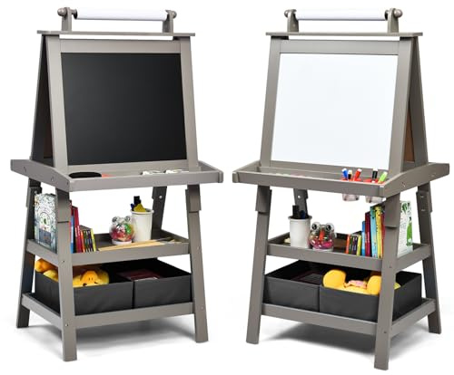 HOMASIS Tableau pour Enfants avec Chevalet Double face, Chevalet de Peinture en Bois avec Rouleau de Papier, 2 Bacs et 2 Etagères, Jouets Educatifs pour 3+ Ans, 59 x 50 x 117 cm (gris)