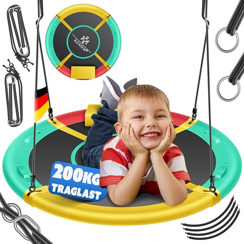 KESSER Columpio nido, columpio redondo, diámetro de 60 cm, soporta hasta 200 kg, con cojín y 4 asas, ajustable, para interior y exterior, para niños y adultos