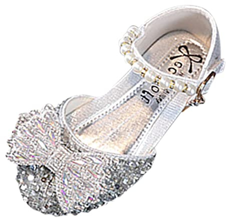 Sandalias vestido rendimiento zapatos de baile brillantes diamantes de imitación lentejuelas lazo perla hebilla zapatos para aprender a caminar, plata, 27 EU