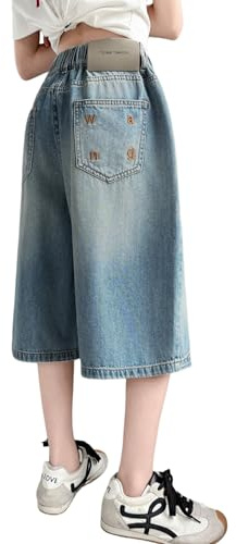 Rolanko Pantaloni Jeans Capri da Ragazza,Jeans a Tre Quarti Gamba Larga Vita Elastica Bimba 6-14 Anni, Blu Lavaggio, 10-11 Anni, 150