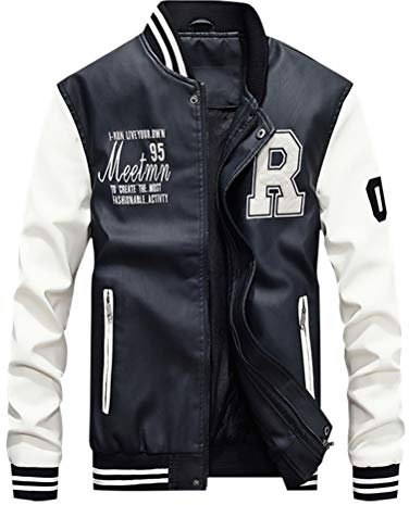FTCayanz Homme Veste en Cuir Teddy Blouson Baseball Casual Similicuir Jacket Blanc XXL