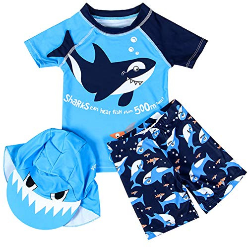 Happy Cherry - Maillot de Bain Garçon 2 Pièces T-Shirt Manches Courtes + Short de Bain avec Bonnet de Bain Costume de Natation Anti-UV Style 4 1-2 Ans