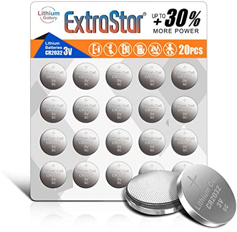 EXTRASTAR CR2032 Batteries alkaline 3V non-rechargeable lithium button battery, 2032 batteries for Keyfobs, Toys, Medical devices, Calculators, and More, Pack of 20