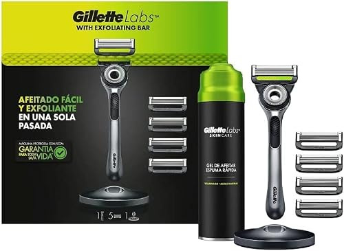 Gillette Labs Maquinilla de Afeitar Hombre con Barra Exfoliante + 5 Cuchillas de Afeitar de Recambio + Gel de Afeitar y Base Magnética de Metal, Regalos Originales Hombre