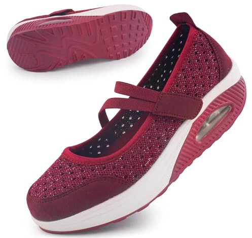 Git-up Scarpe da Passeggio da Donna con Chiusura Leggero Sneakers Infermiere in Mesh Traspirante Scarpe Cuscino d'Aria in Schiuma di Memoria, PaillettesRosso 39