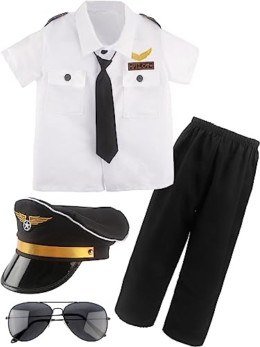 Puteraya Children Pilot Costume Set Captain Uniform Dress Up for Kids Boys Halloween Cosplay Pretend Role Play Theme Party (Pilot Costume Set 1, M, 6-7 Years(110-120cm))