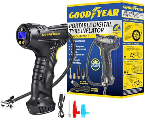 Goodyear Cordless Car Tyre Air Inflator Compressor | Digital Screen | Also Inflates Motorcycle Motorbike Cycle Bicycle Bike Tyres Inflatables