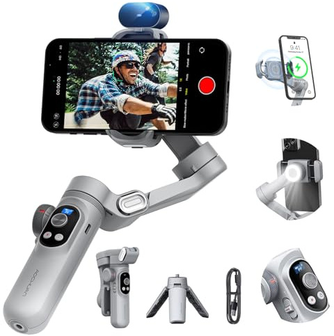Gimbal stabilisator för smartphone AI-spårning (ingen app), 3-axlig gimbal med OLED-display/inbyggt ljus, stabilisator för iPhone och Android, AOCHUAN X Pro grå AI-version