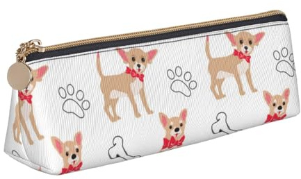 KemEng Chihuahua Chiens Mignons Et Bol, Trousse à Crayons Triangulaire en Cuir avec Fermeture éclair, Trousse à Crayons Portable, Trousse à cosmétiques