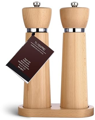 TLYSXPRO Set Macina Sale e Pepe in Legno – Macinapepe e Macinasale Manuali in Legno di Faggio con Macina in Ceramica Regolabile – Per Cucina e Tavola – Altezza 21 cm
