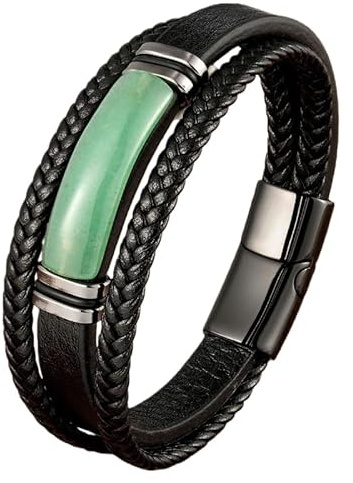 Bracciale Da Uomo In Pelle Con Protezione In Pietra Naturale, Cinturino In Pelle Intrecciata Multistrato Con Chiusura Magnetica, Bracciale Unisex Avvolgente Per Regali Di Festa, Avventurina Verde, 2