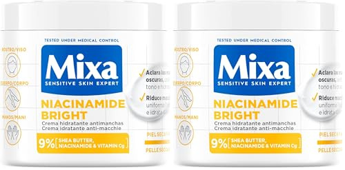 Mixa Crema Corporal Niacidamide Bright para pieles apagadas con 9% de [Manteca de karité + Niacinamida + Vitamina Cg]. Aclara las manchas oscuras. Apta para pieles sensibles. 400 ml. (Paquete de 2)