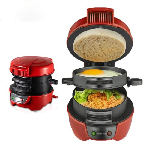 Appareils à Sandwiches Multifonction, Cuisson Rapide en 5 Min, Grill Sandwich/Hamburger Avec Compte à Rebours Numérique,Presse à Hamburger pour un Petit Déjeuner Rapide (Rouge)