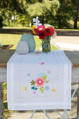 Vervaco Stickpackung Kreuzstich Set Vorgedruckt Tischläufer Frühlingsblumen Stickdecken Vorgezeichnet DIY Basteln Erwachsene Kreativ Stickläufer zum Selbersticken 40 x 100 cm Stickset