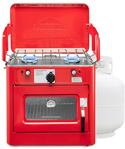 Hike Crew Outdoor Gas Camping Oven w/Carry Bag | CSA Approved Portable Propane-Powered 2-Burner Stove & Oven | Auto Ignition, Overheat Safety Shutoff, Built-In Thermometer | Hose & Regulator Included