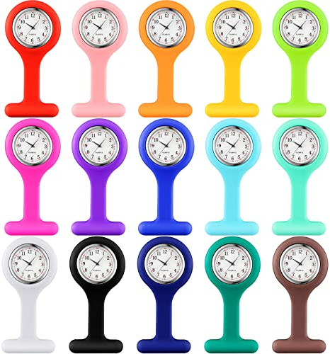15 Pack Clip on Nurse Watches for Women Men, Silicone Lapel Pin Pocket Fob Stethoscope Watch with Second Hand for Employee Appreciation Cna Week Doctor Nurse Student Graduation Gift(Multicolor)